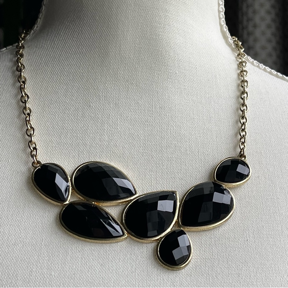 Elegant Teardrop Stone Black and Gold Statement Bib Necklace 16" + 3" Extender